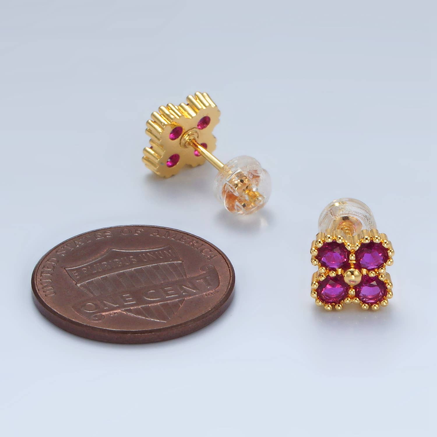 24K Gold Filled Fuchsia, Black, Clear Clover Stud Earring