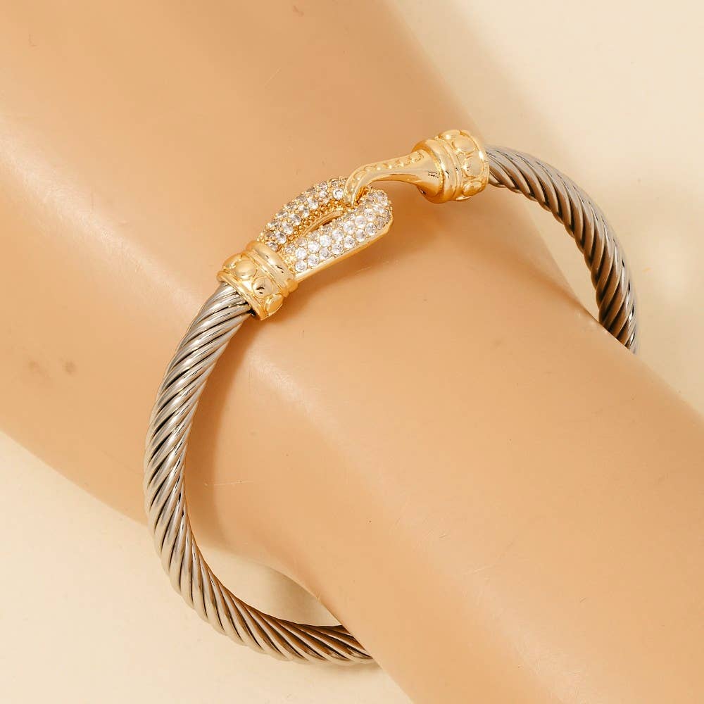 Gold Dipped Two Tone Cz Pave Hook Bangle Bracelet