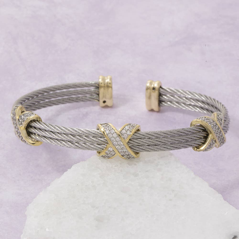 Two Tone Cable Cuff Bracelet With Cz X Connector