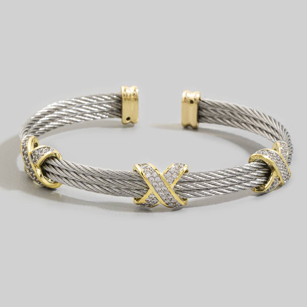 Two Tone Cable Cuff Bracelet With Cz X Connector