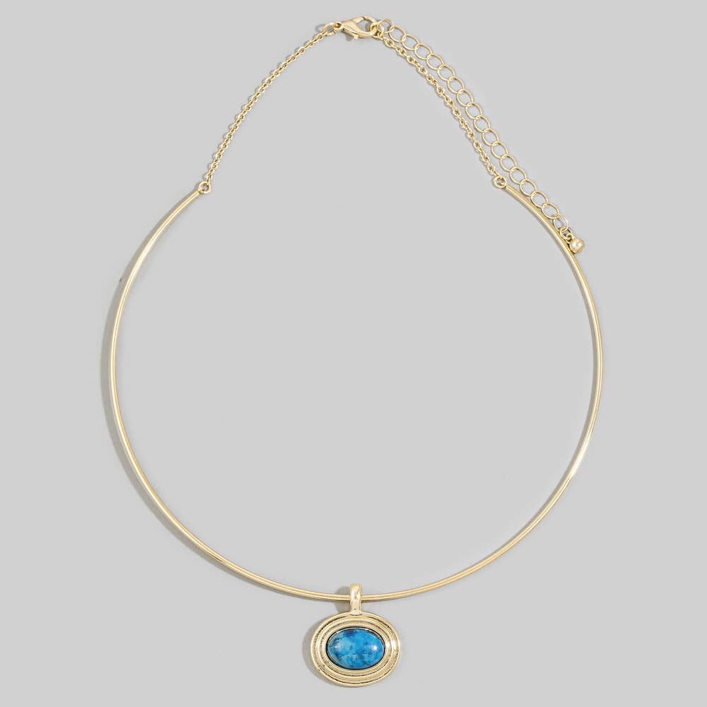 Oval Semi Stone Pendant Omega Wire Collar Necklace
