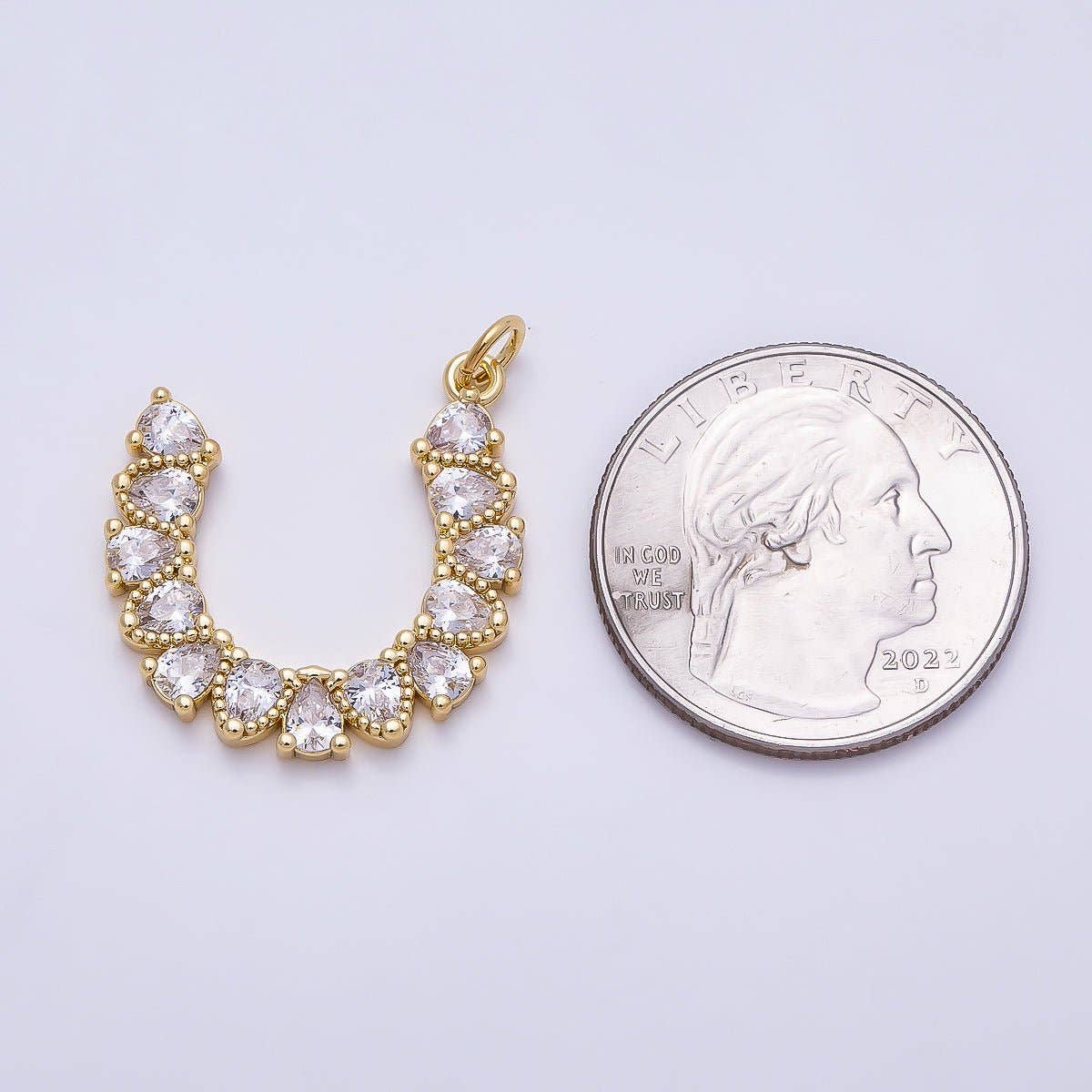 16K Gold Filled 24mm Clear CZ Teardrop Horseshoe Charm | Charms-01350