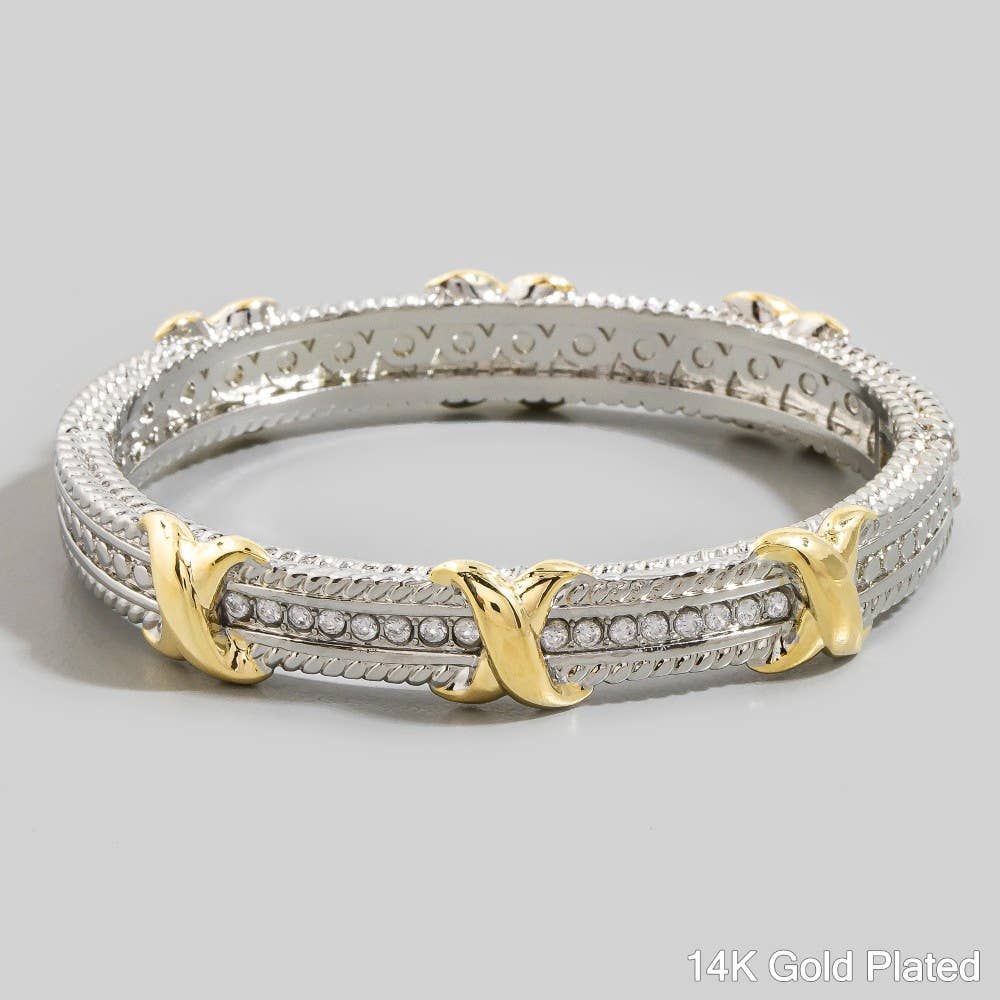 Gold Dipped Two Tone Cz Hinge Bangle Bracelet