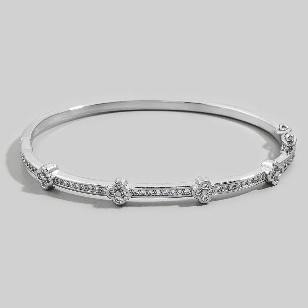 Gold Dipped Cz Pave Clover Station Bangle Bracelet
