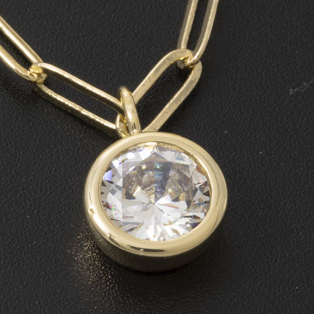 Round Bezel Cz Paperclip Chain Pendant Necklace