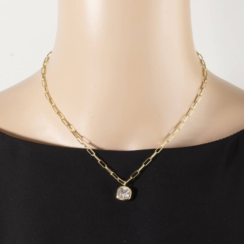 Gold Dipped Cz Cushion Cut Bezel Paperclip Necklace