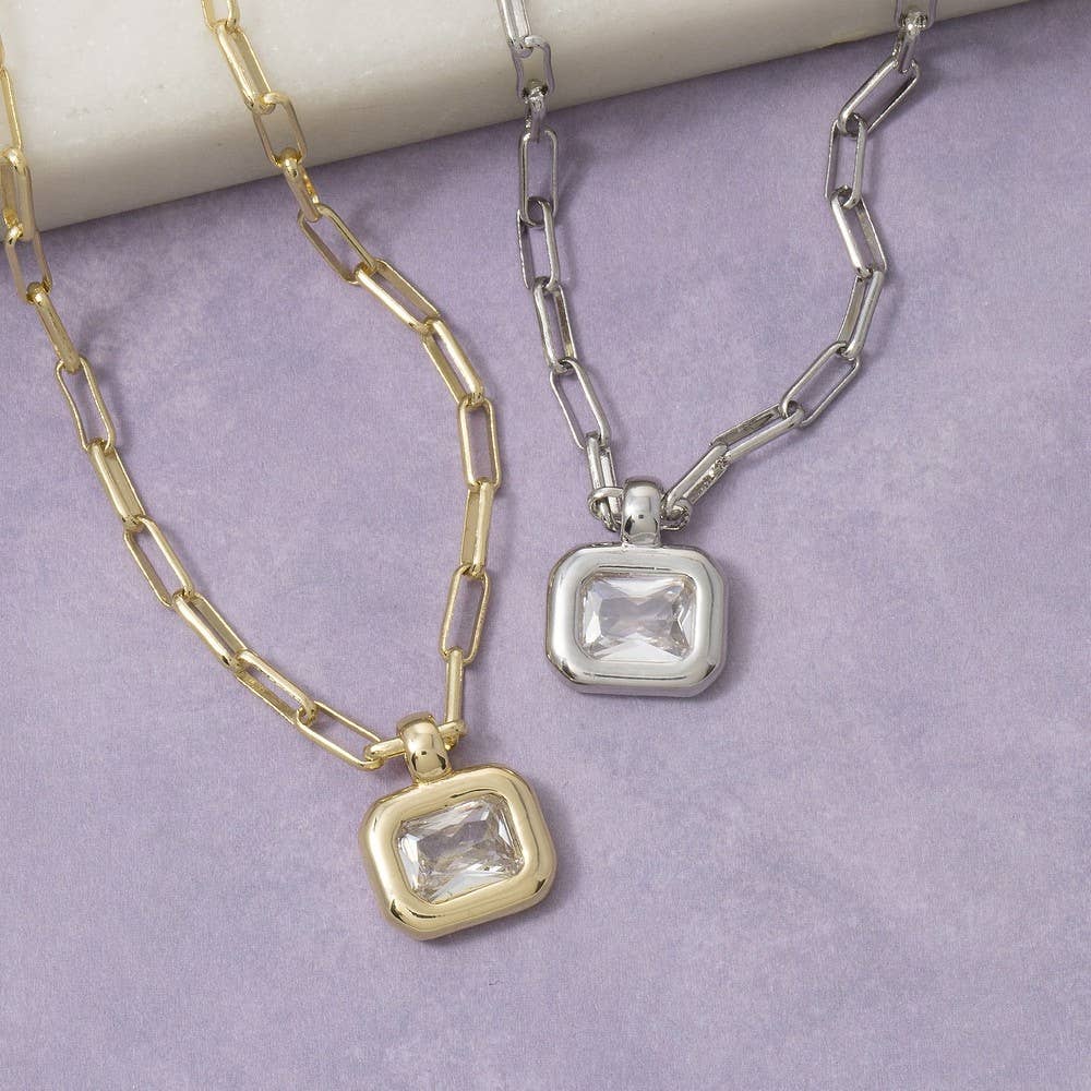 Gold Dipped Cz Emerald Cut Bezel Paperclip Necklace