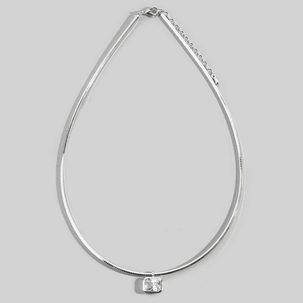Herringbone Chain Baguette Cz Pendant Necklace