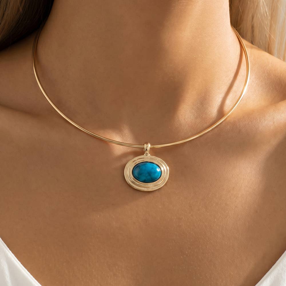 Oval Semi Stone Pendant Omega Wire Collar Necklace