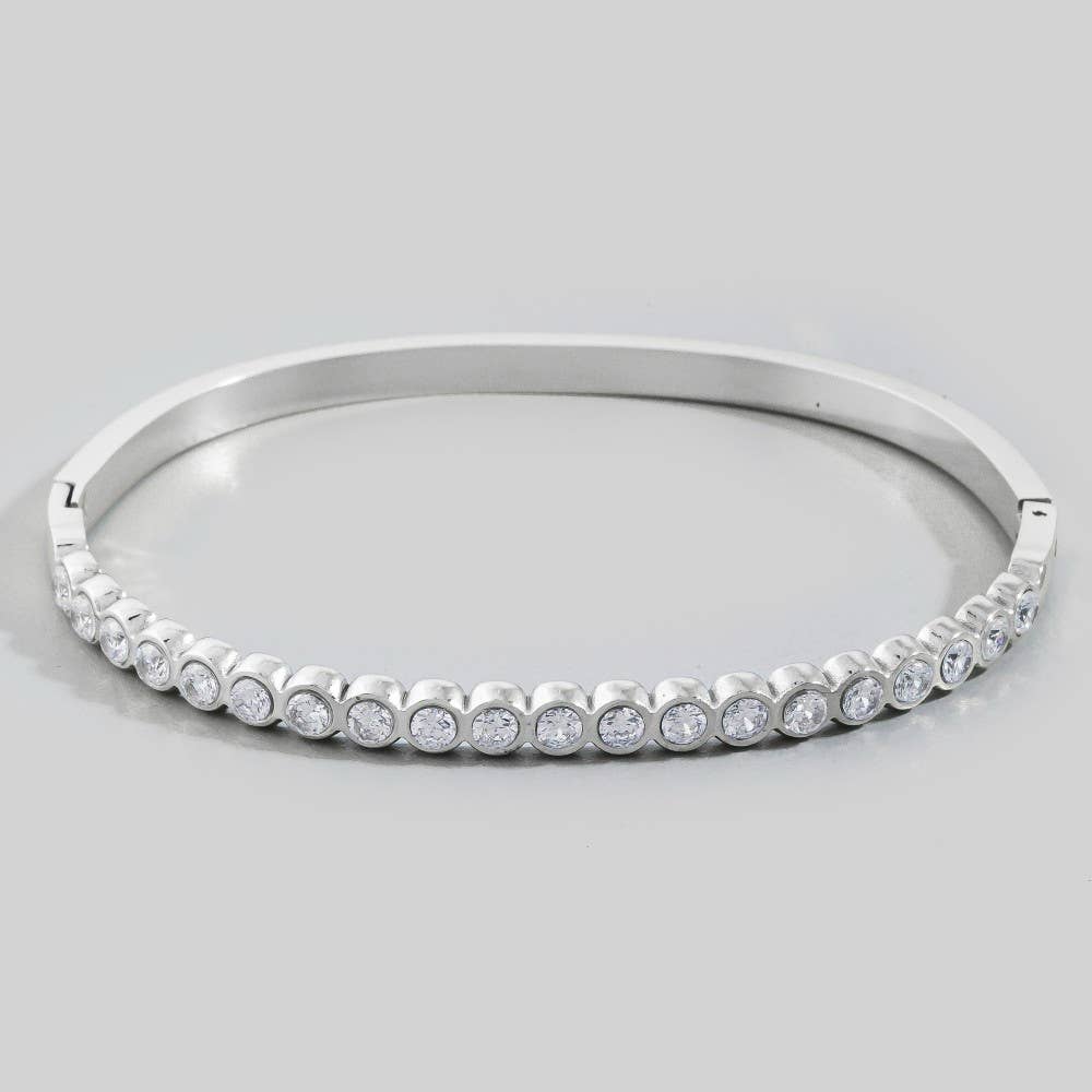 Stainless Steel Bezel Set Crystal Hinged Bangle Bracelet