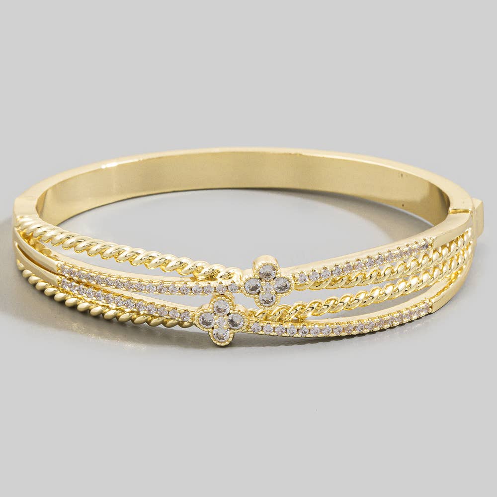 Triple Row Hinged Bangle With Cz Clover Accent