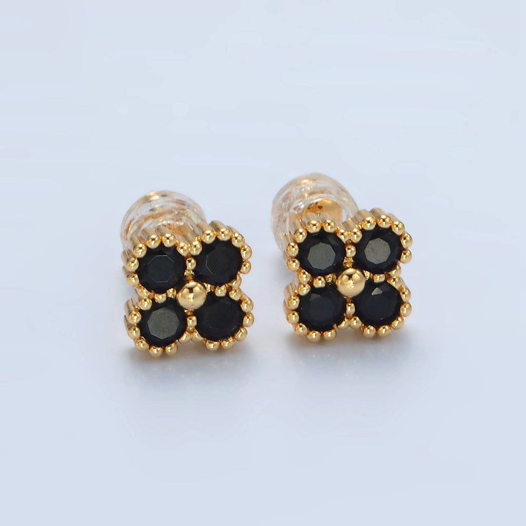 24K Gold Filled Fuchsia, Black, Clear Clover Stud Earring