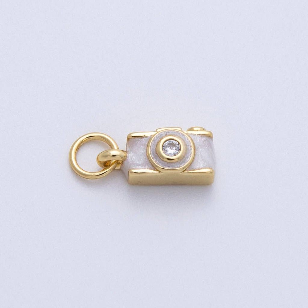 14K Gold Filled 12mm White Enamel Film Retro Digital Camera 3D Multidimensional Charm | Charms-00060