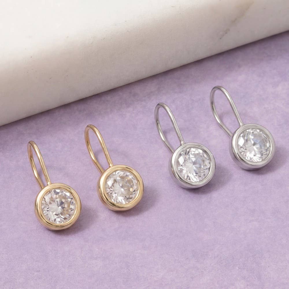 Round Cz Bezel Drop Earrings