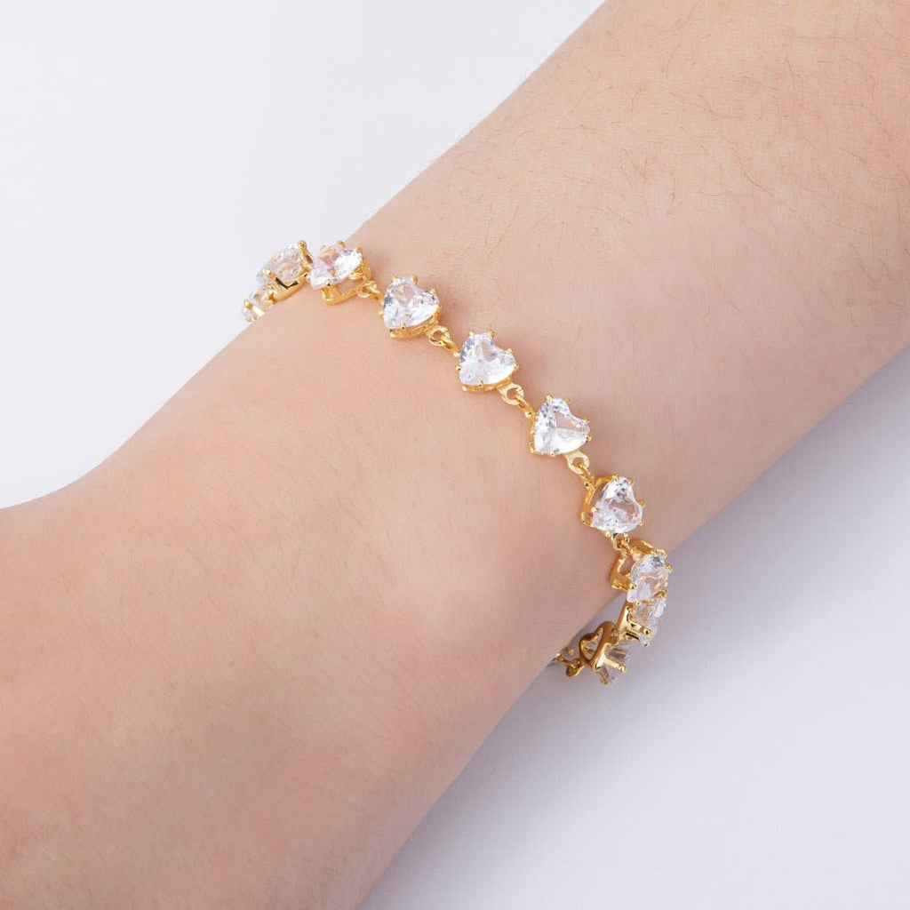 18K Gold Filled 7mm Clear, Pink CZ Heart Tennis Chain 7 Inch Bracelet | WA-04216 WA-04217