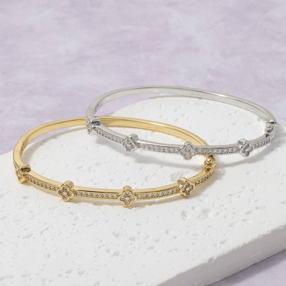 Gold Dipped Cz Pave Clover Station Bangle Bracelet