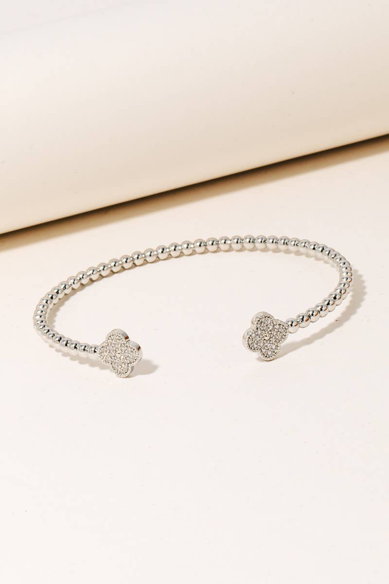 Double Cz Pave Clovers Solid Ball Bead Cuff Bracelet