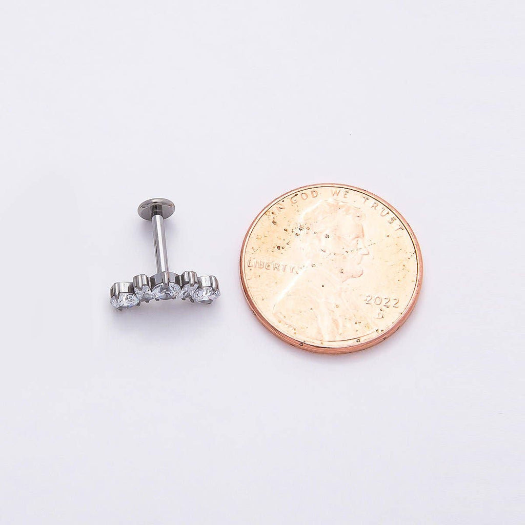 Titanium 5mm Clear CZ Round Baguette Curved Cartilage Piercing Flat Back Stud in Gold & Silver | Findings-00395 Findings-00396
