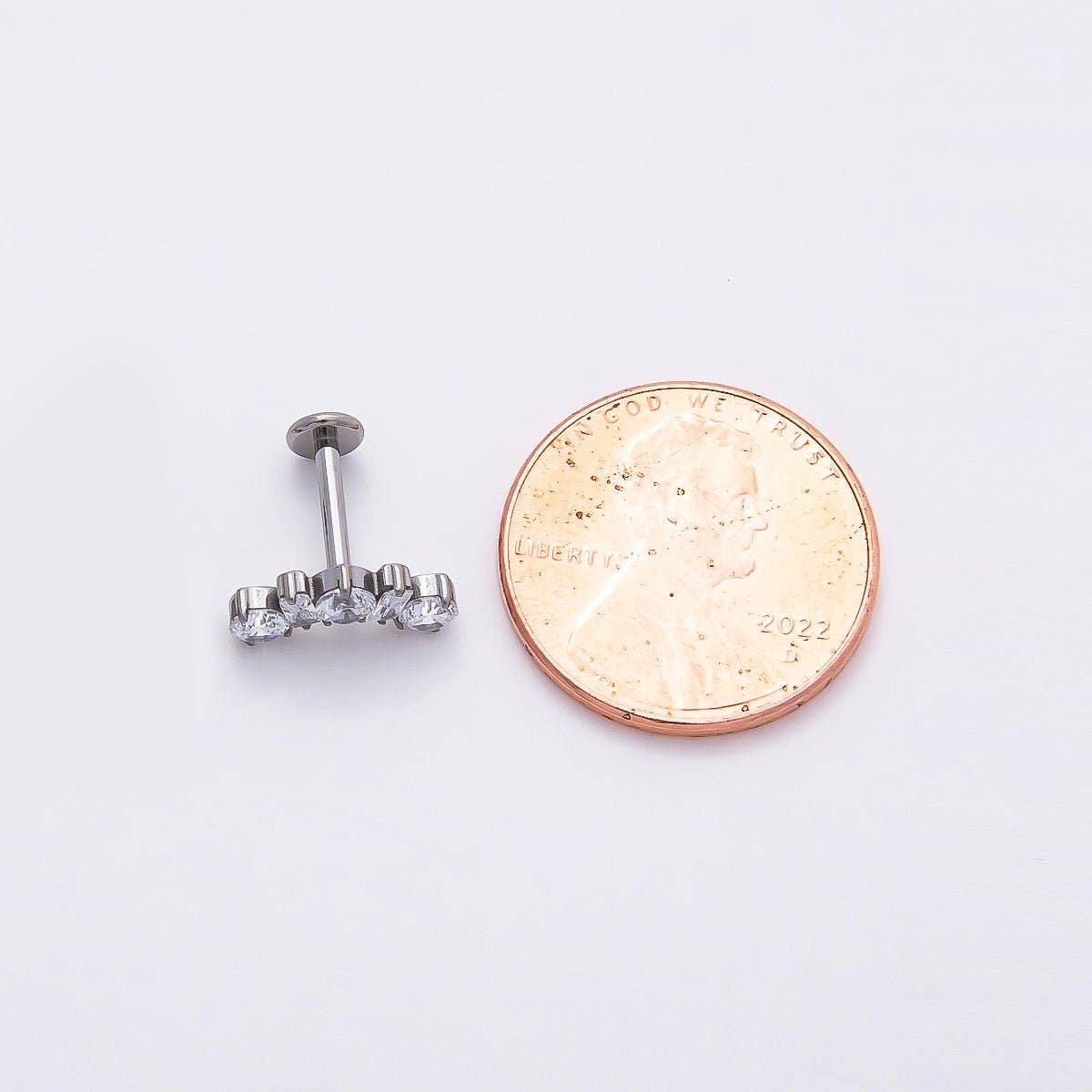 Titanium 5mm Clear CZ Round Baguette Curved Cartilage Piercing Flat Back Stud in Gold & Silver | Findings-00395 Findings-00396