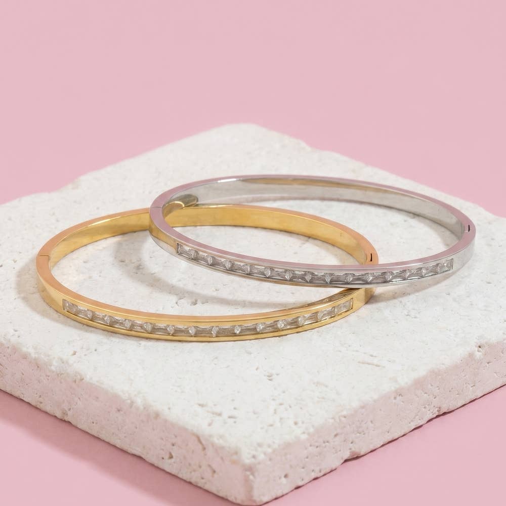 Stainless Steel Baguette Cz Channel Bangle Bracelet