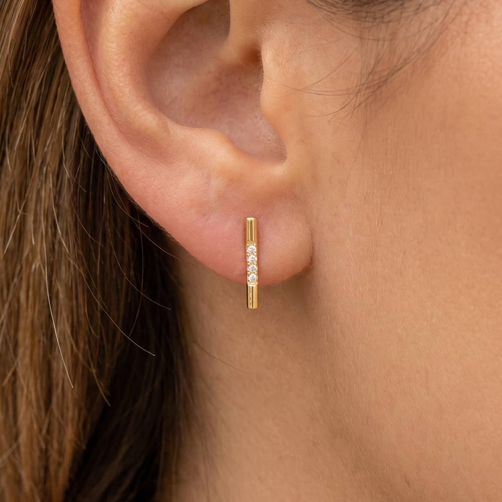 18K Gold Dipped Cz Pave Bar Stud Earrings