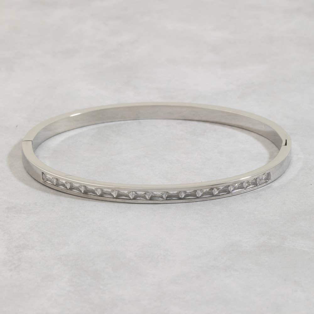Stainless Steel Baguette Cz Channel Bangle Bracelet