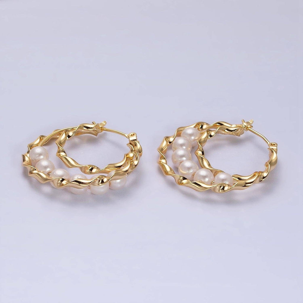 16K Gold Filled Pearl Lined Triple Twisted Bar Latch Earring