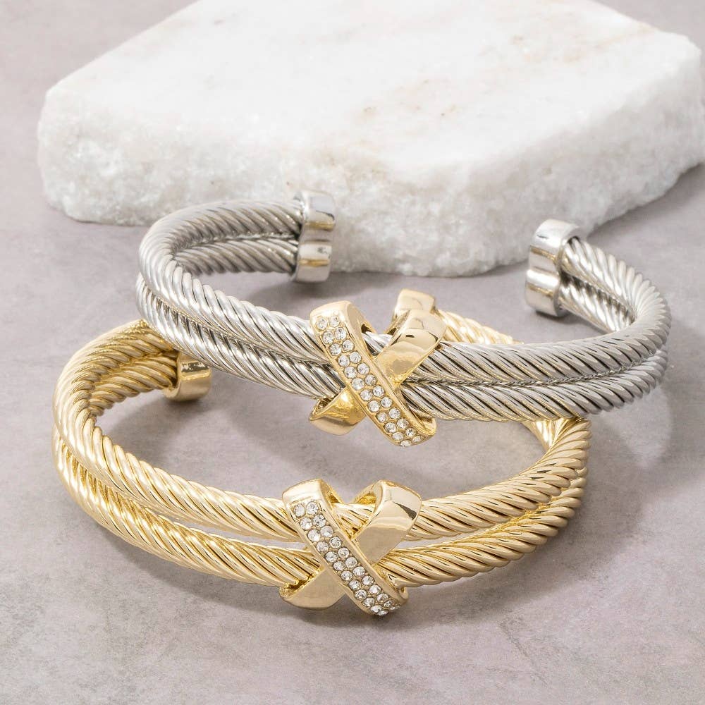 Gold Dipped Layered Two Tone Cz Rope Cuff Bracelet