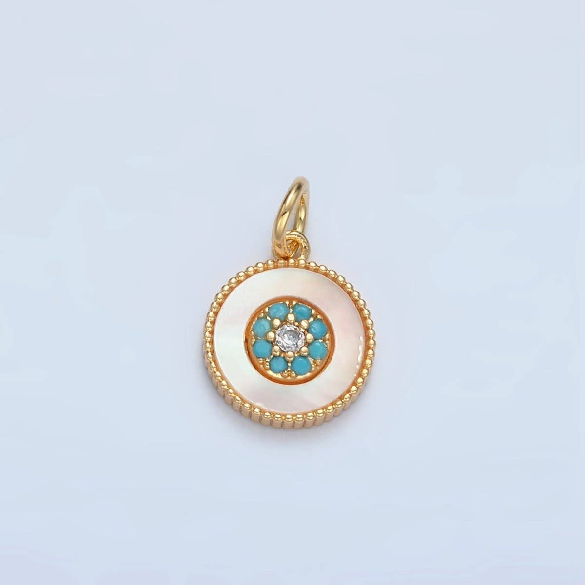 24K Gold Filled Turquoise Micro Paved Shell Pearl Round Charm | M869