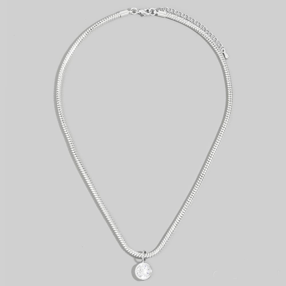 Bold Herringbone Chain Cz Bezel Pendant Necklace
