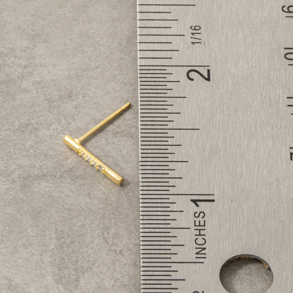 18K Gold Dipped Cz Pave Bar Stud Earrings