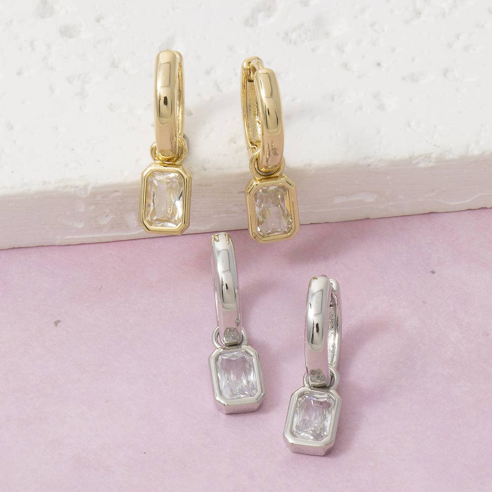Huggie Hoop With Emerald Cut Bezel Cz Charm Earrings