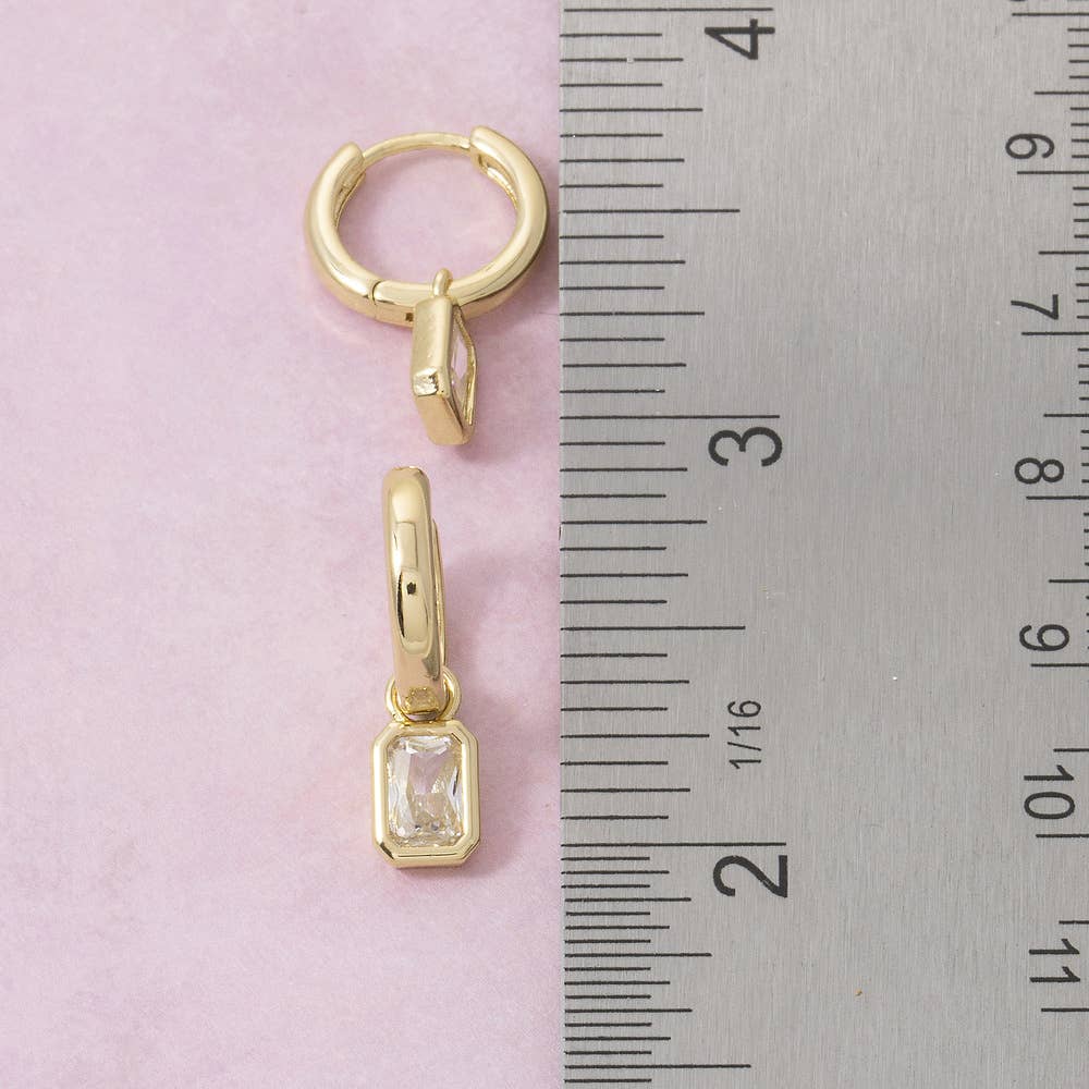 Huggie Hoop With Emerald Cut Bezel Cz Charm Earrings