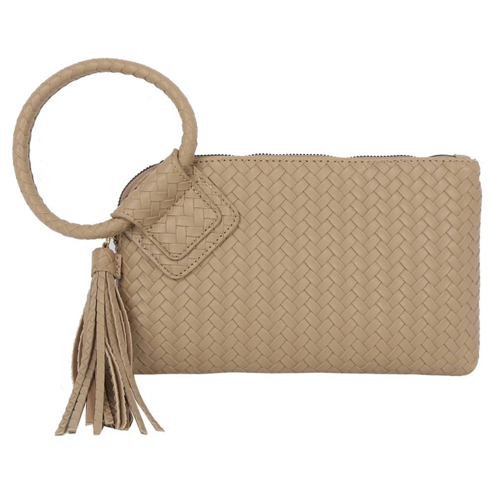Faux Leather Woven Fringe Cuff Handle Clutch Bag