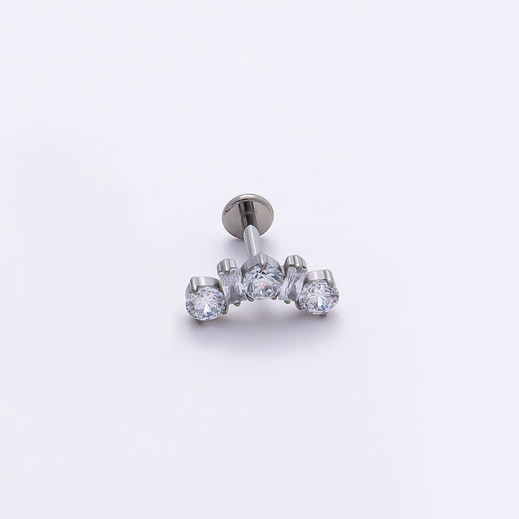 Titanium 5mm Clear CZ Round Baguette Curved Cartilage Piercing Flat Back Stud in Gold & Silver | Findings-00395 Findings-00396