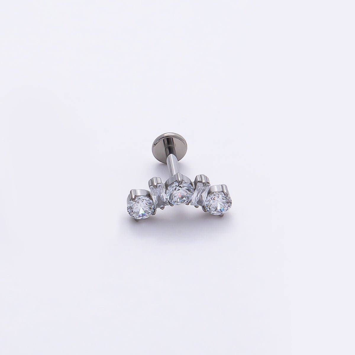 Titanium 5mm Clear CZ Round Baguette Curved Cartilage Piercing Flat Back Stud in Gold & Silver | Findings-00395 Findings-00396