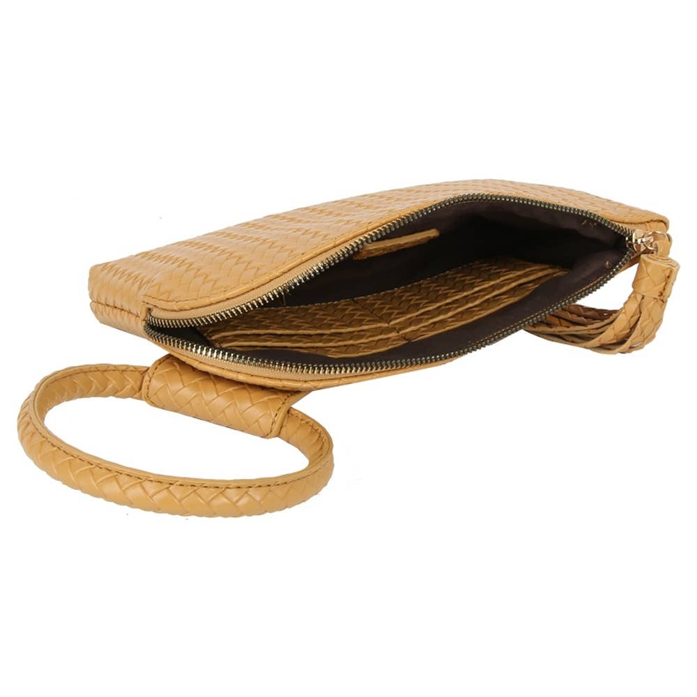 Faux Leather Woven Fringe Cuff Handle Clutch Bag