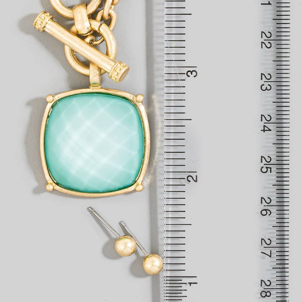 Large Square Faceted Stone Pendant Toggle Chain Necklace