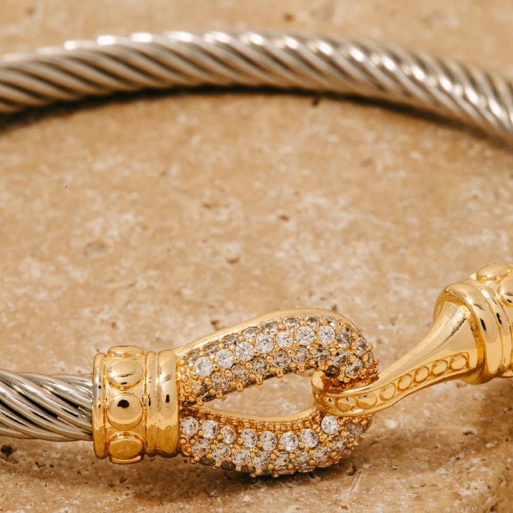 Gold Dipped Two Tone Cz Pave Hook Bangle Bracelet