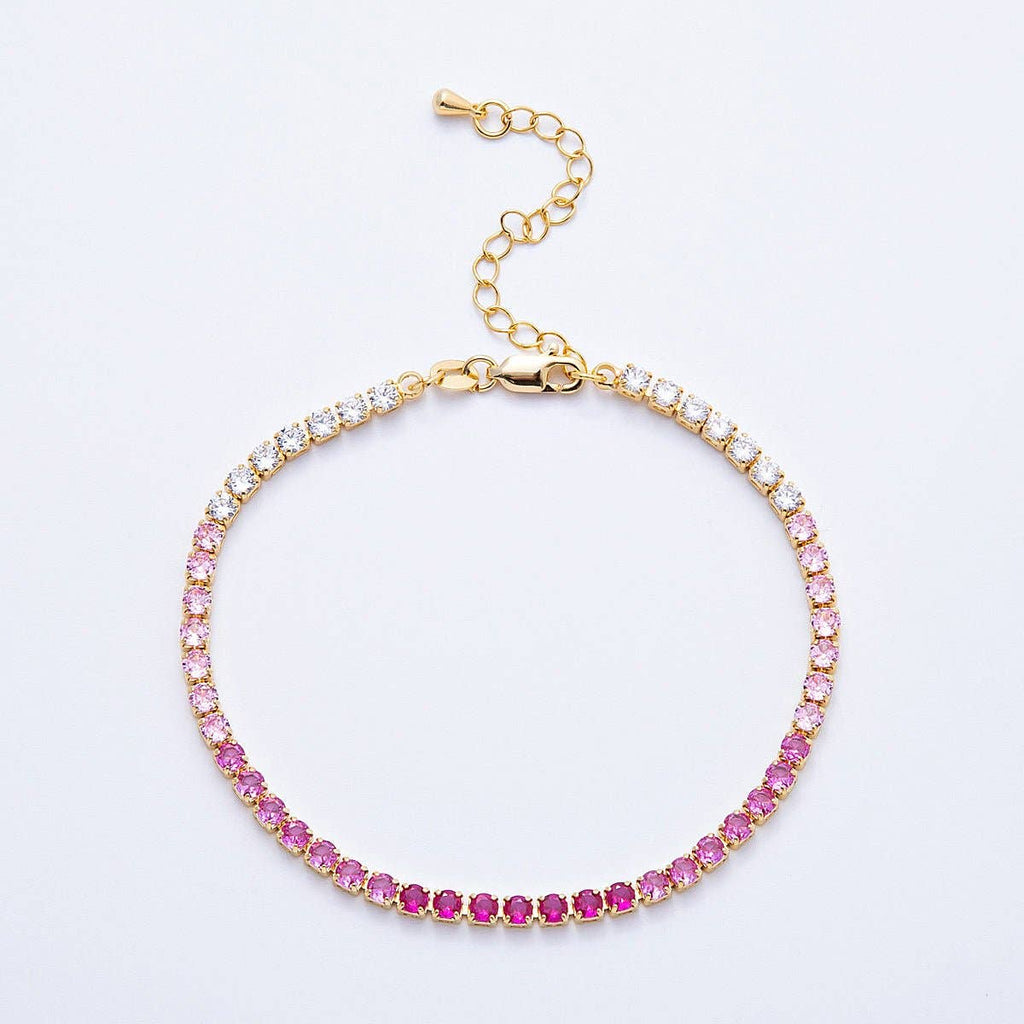 18K Gold Filled 3mm Purple, Green, Pink, Blue CZ Gradient Tennis Chain 7.87 Inch Bracelet w. Extender | WA-04222