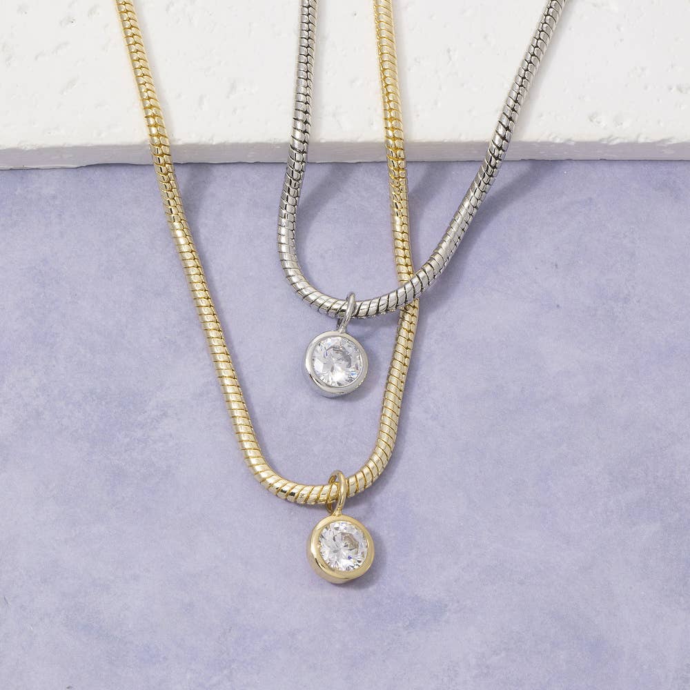 Bold Herringbone Chain Cz Bezel Pendant Necklace