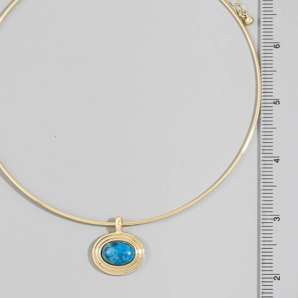 Oval Semi Stone Pendant Omega Wire Collar Necklace