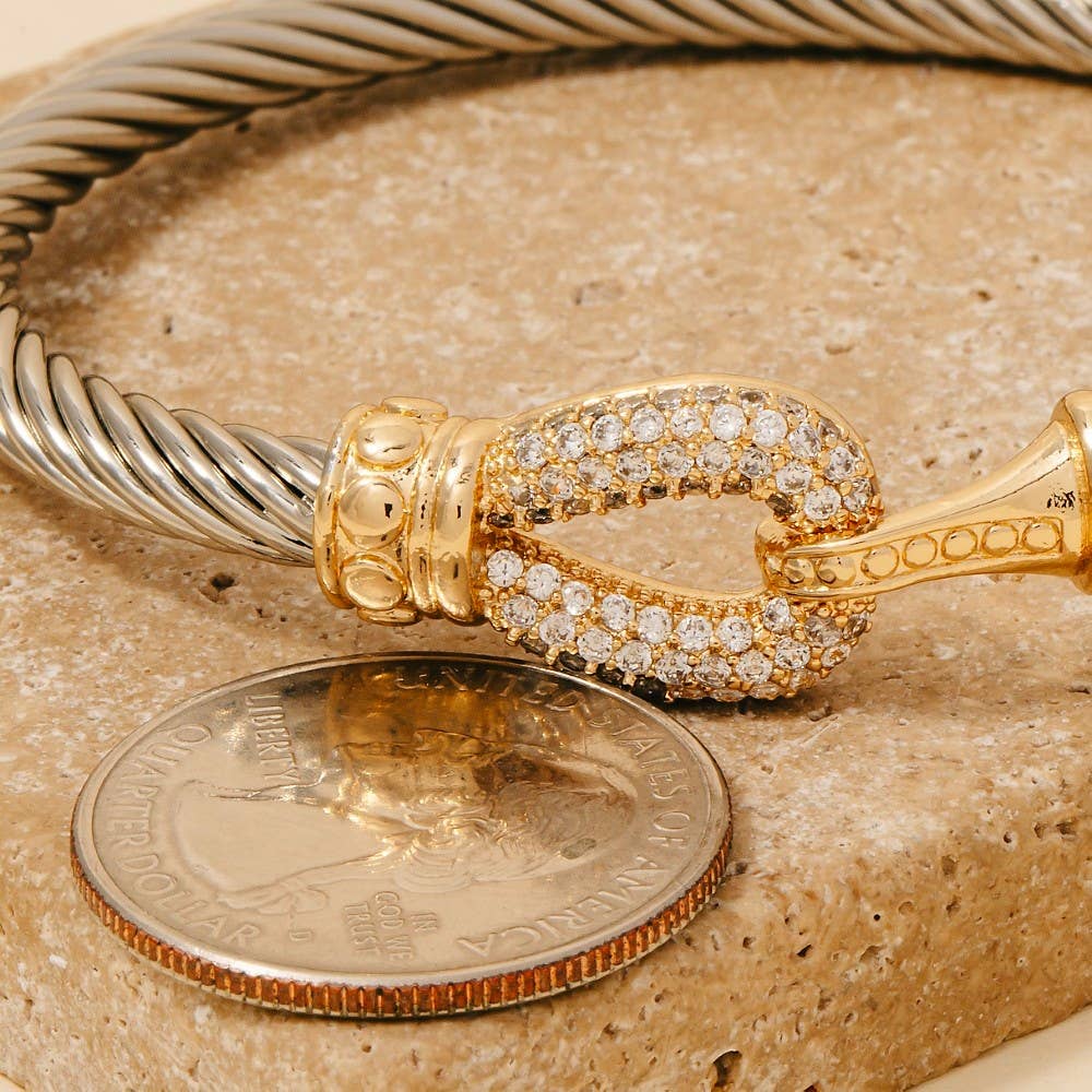 Gold Dipped Two Tone Cz Pave Hook Bangle Bracelet