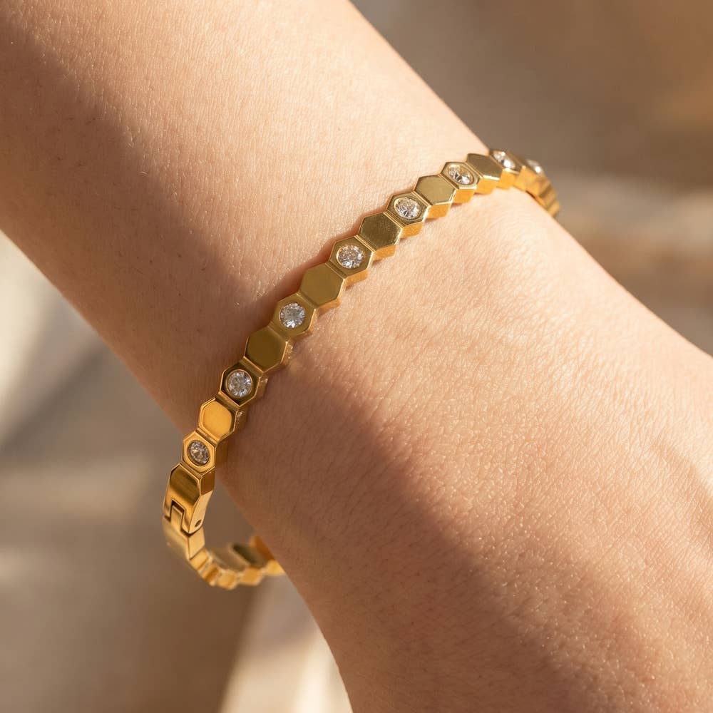 Gold Dipped Hexagon Cz Studded Bangle Bracelet
