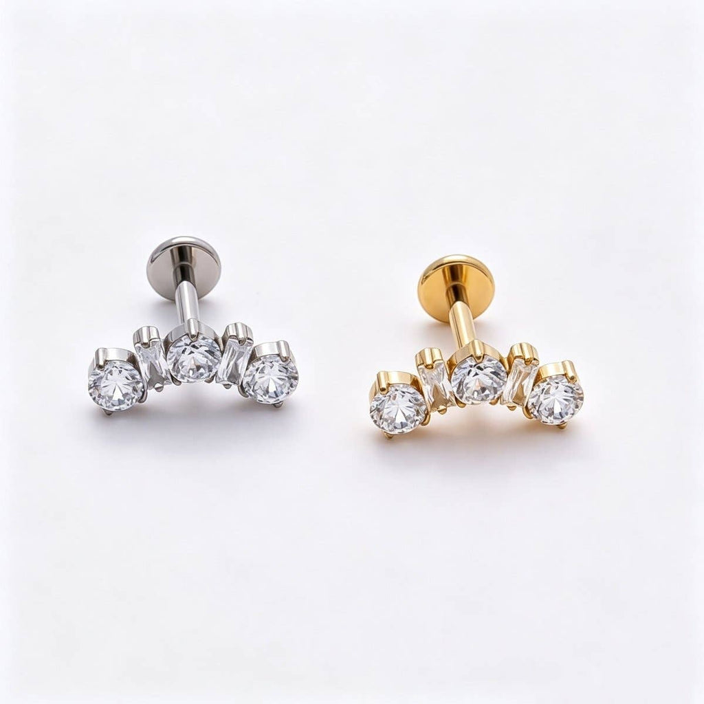 Titanium 5mm Clear CZ Round Baguette Curved Cartilage Piercing Flat Back Stud in Gold & Silver | Findings-00395 Findings-00396