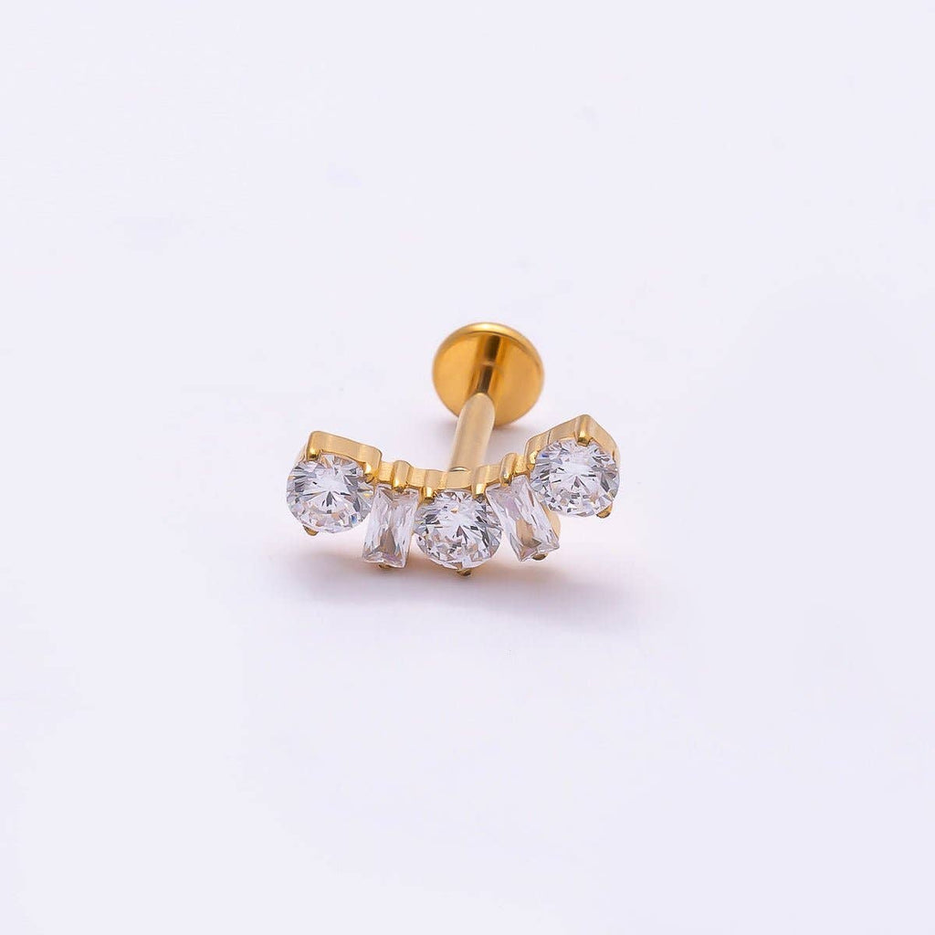 Titanium 5mm Clear CZ Round Baguette Curved Cartilage Piercing Flat Back Stud in Gold & Silver | Findings-00395 Findings-00396