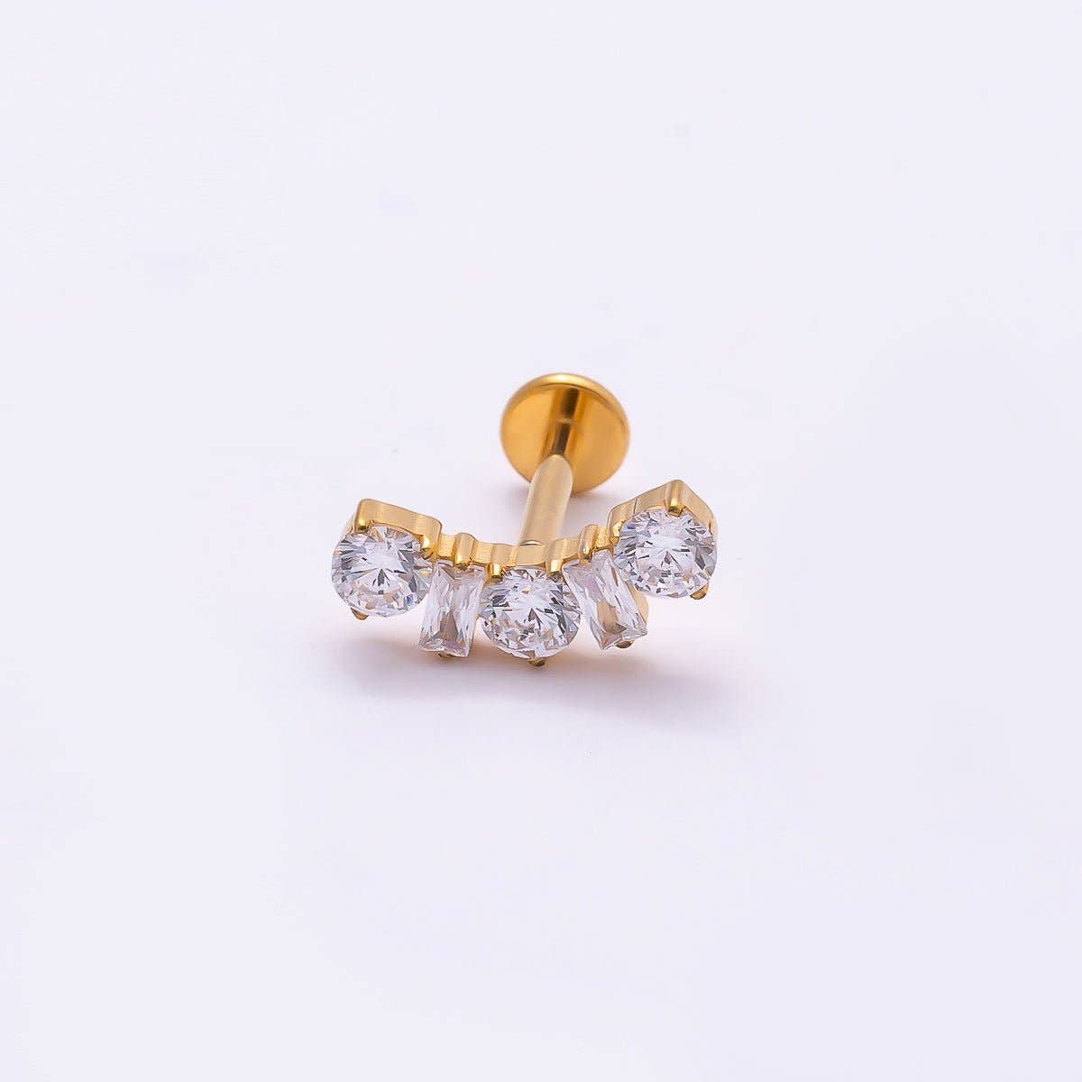 Titanium 5mm Clear CZ Round Baguette Curved Cartilage Piercing Flat Back Stud in Gold & Silver | Findings-00395 Findings-00396