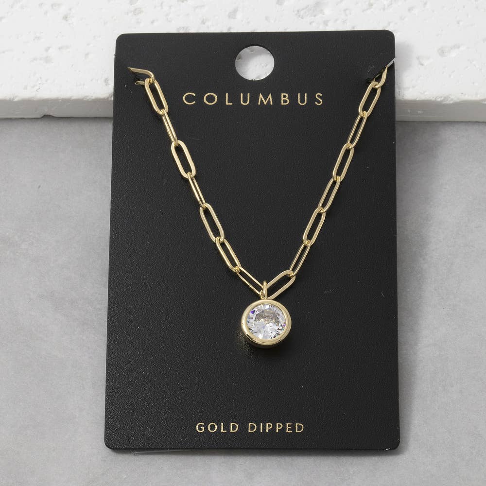 Round Bezel Cz Paperclip Chain Pendant Necklace