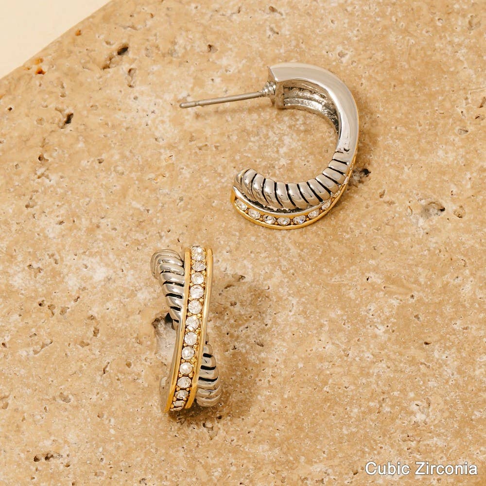 Two Tone Cz Pave Layered Hoop Earrings