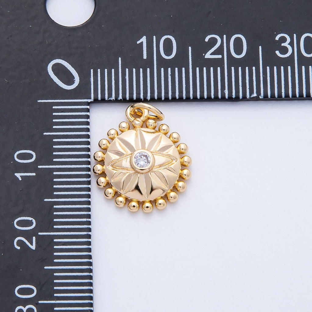 16K Gold Filled 16mm Evil Eye Sunburst Dotted Round Charm | Charms-00399